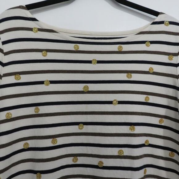 Talbots Women Sz L Cream Black Brown Striped Long Sleeve Top Gold Polka Dot - Picture 3 of 5